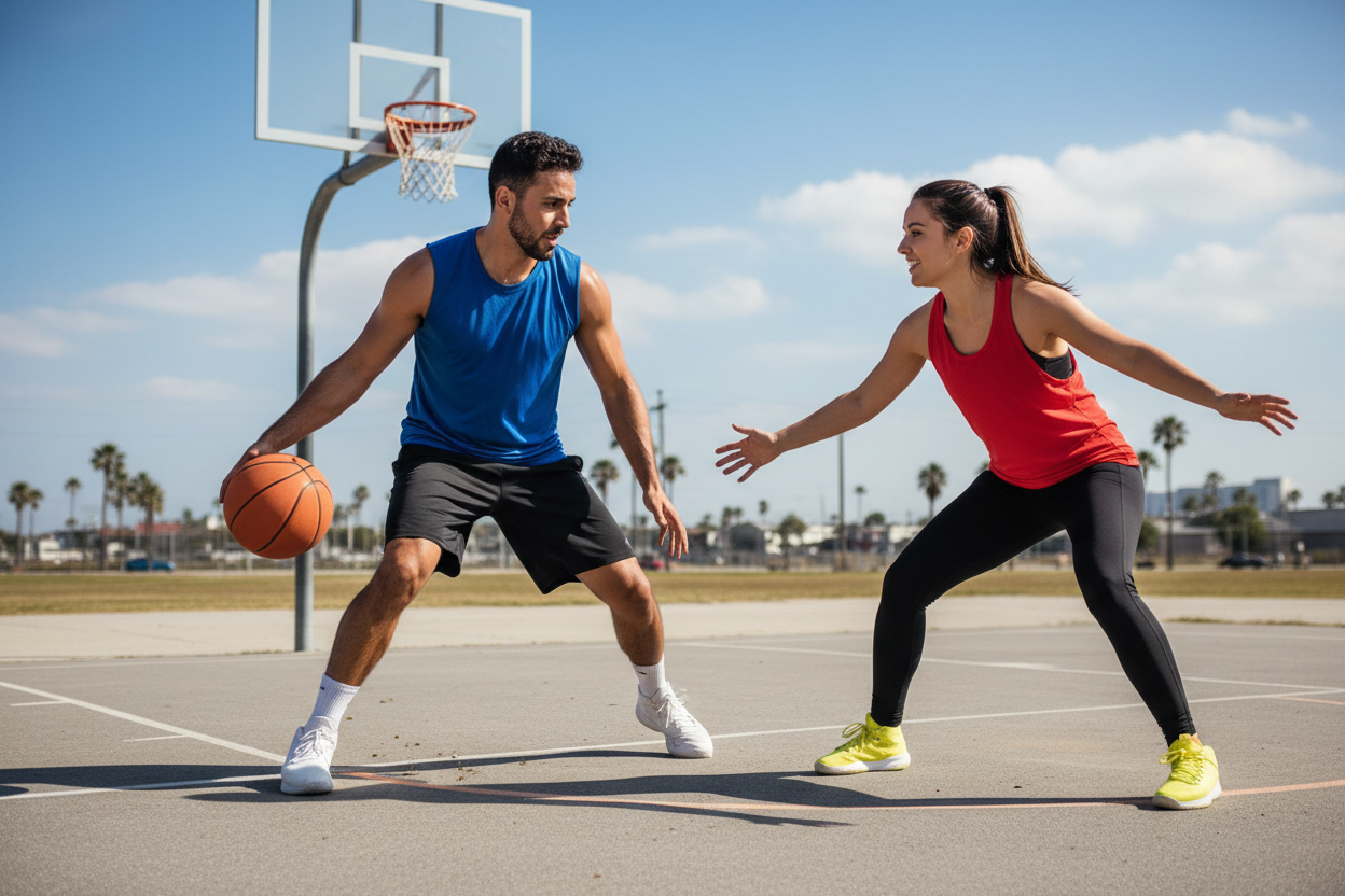1 man and 1 woman playing basketball