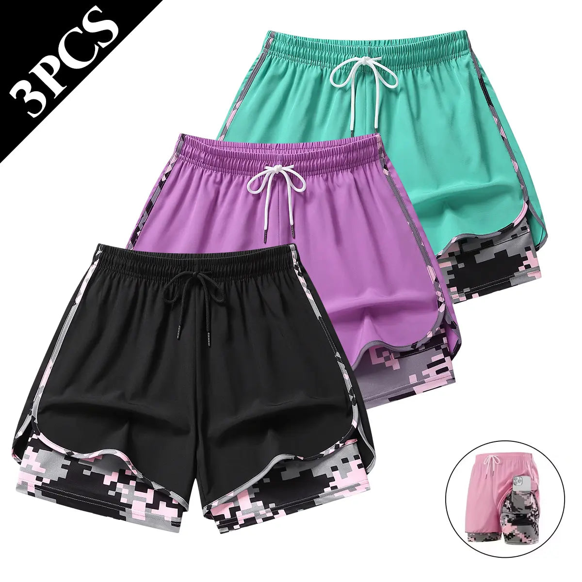 Elevate Your Summer Wardrobe with Our Set of 3 Women's Lightweight Camo Athletic Shorts – Perfect for Yoga, Cycling, and Beach Days!