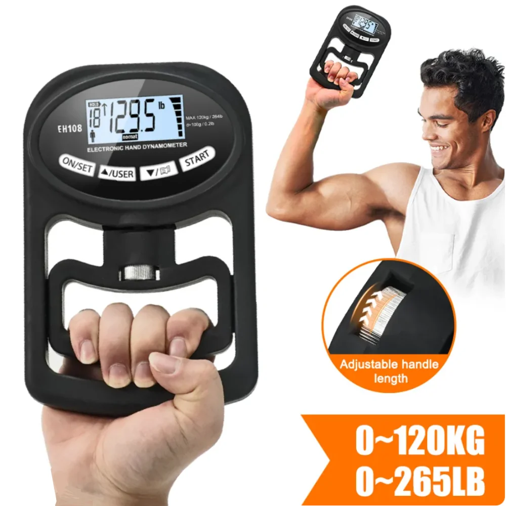 Digital Grip Strength Tester - 265Lbs/120Kg LCD Hand Dynamometer for Power Training and Sports - USB Rechargeable