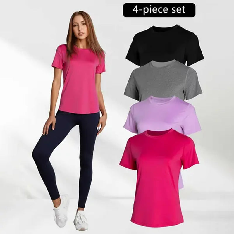 Transform Your Fitness Routine with the Timeoff 4-Piece Women's Sports Tee Set - Slim Fit Round Neck Gym Shirts Perfect for Yoga and Workouts