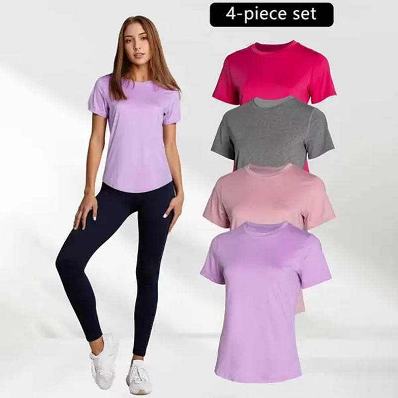 Transform Your Fitness Routine with the Timeoff 4-Piece Women's Sports Tee Set - Slim Fit Round Neck Gym Shirts Perfect for Yoga and Workouts